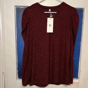 NWT JWD Burgundy Red Long Sleeve Puffed Shoulder Women's Casual Top Size Large